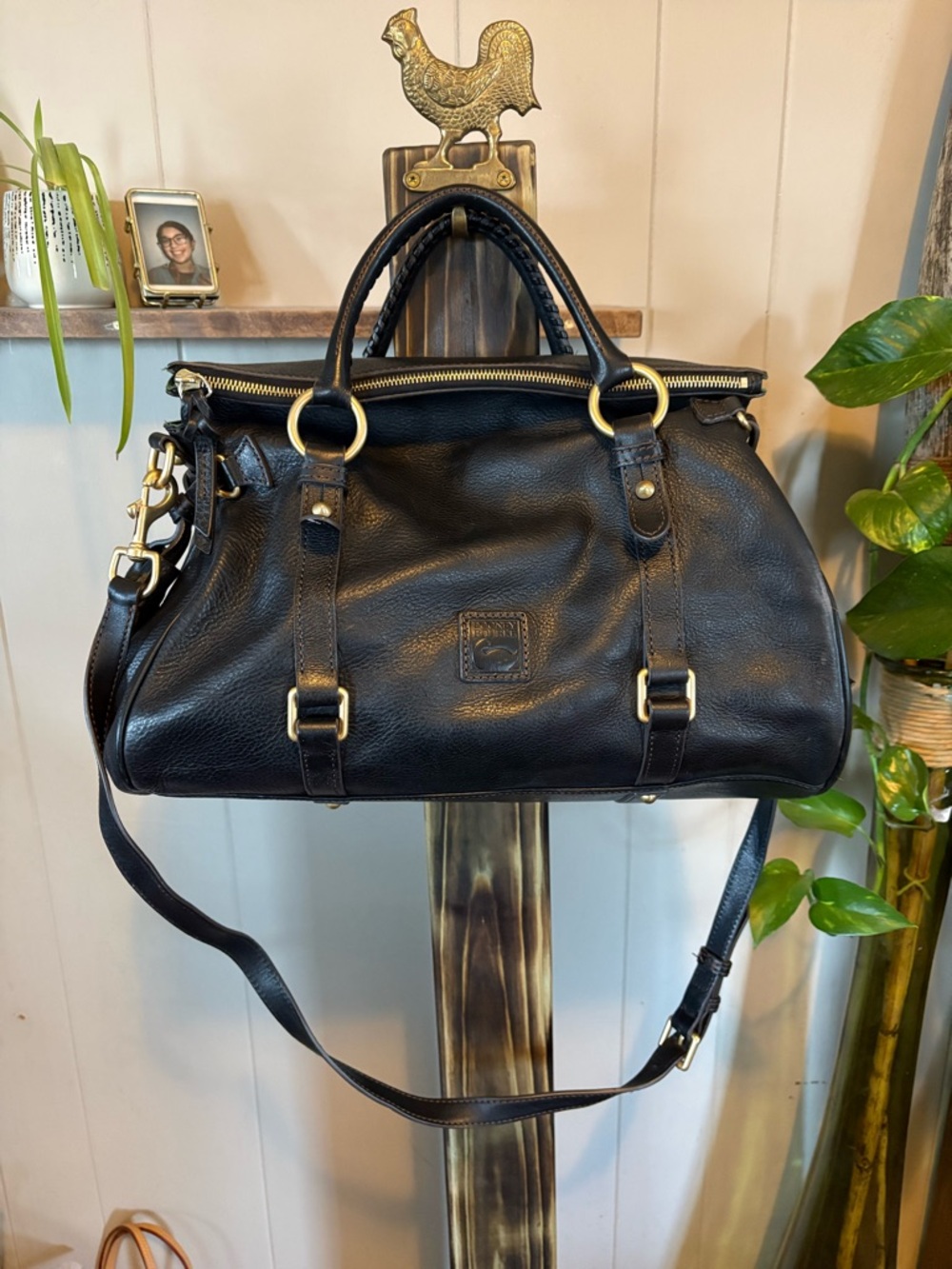 Dooney Bourke Florentine Large Black Leather Satchel with Gold Hardware